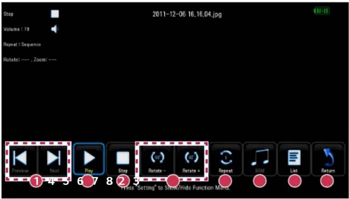 Stop Volume : 19 Repeat : Sequence Rotate: --- , Zoom: --- 2011-12-06 16.16.04.jpg ① ④ ⑤ ⑥ ⑦ ⑧ ② ③ Press 'Setting' to Snow/Hide Function Menu.