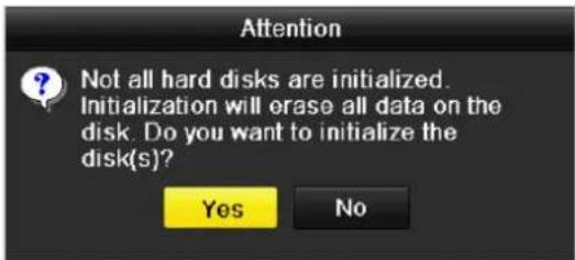 Attention ? Not all hard disks are initialized. Initialization will erase all data on the disk. Do you want to initialize the disk(s)? Yes No