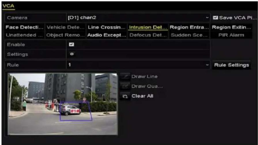 VCA Camera [D1] chan2 Face Detecti... Unattended ... Vehicle Dete... Object Remo... Line Crossin... Audio Except... Intrusion Det... Defocus Det... Region Entra... Sudden Sce... Region Exitin... PIR Alarm Enable Settings Rule 1 Draw Line Draw Qua... Clear All Rule Settings