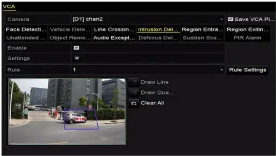 VCA Camera [D1] chan2 Save VCA Pi... Face Detecti... Unattended ... Vehicle Dete... Object Remo... Line Crossin... Audio Except... Intrusion Det... Defocus Det... Region Entra... Sudden Sce... Region Exitin... PIR Alarm Enable Settings Rule 1 Rule Settings Draw Line Draw Qua... Clear All