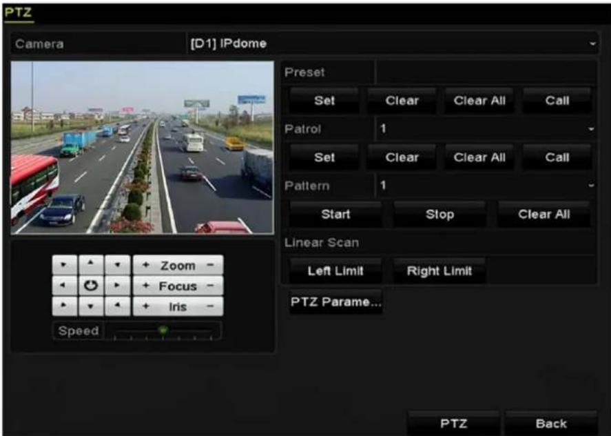 PTZ Camera [D1] IPdome Preset Set Clear Clear All Call Patrol 1 Set Clear Clear All Call Pattern 1 Start Stop Clear All Linear Scan Left Limit Right Limit PTZ Parame... Speed Zoom - Focus - Iris -