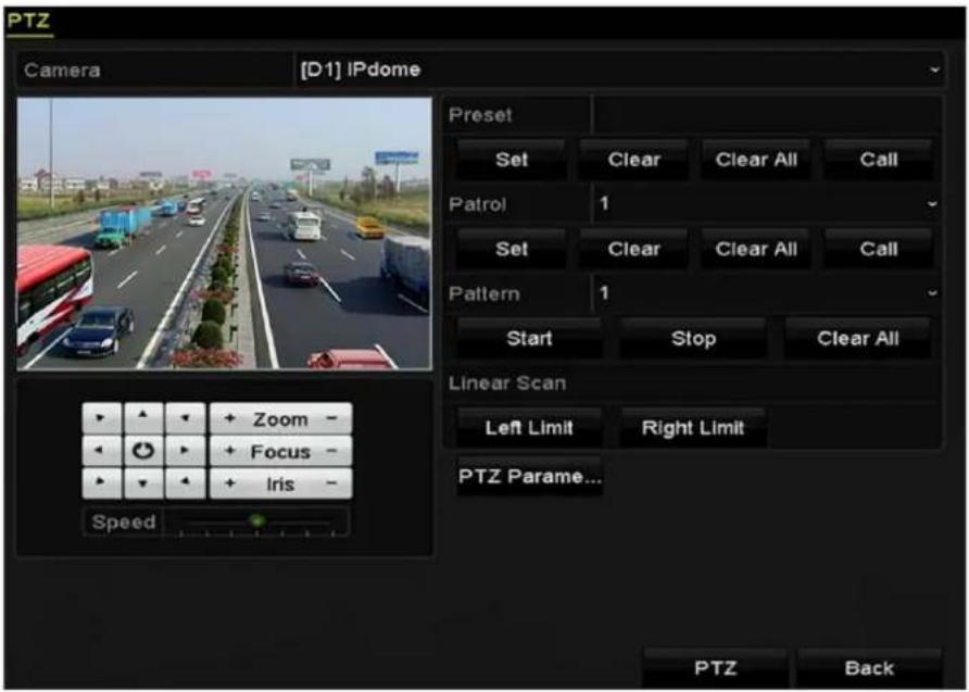 PTZ Camera [D1] IPdome Preset Set Clear Clear All Call Patrol 1 Set Clear Clear All Call Pattern 1 Start Stop Clear All Linear Scan Left Limit Right Limit PTZ Parame... Speed Zoom - Focus - Iris - PTZ Back