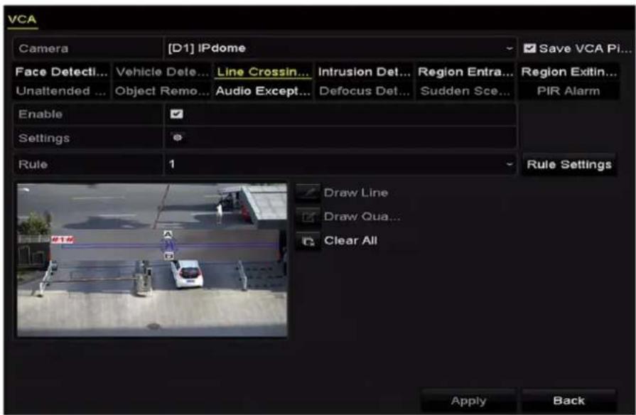 VCA Camera [D1] IPdome Face Detecti... Vehicle Dete... Line Crossin... Intrusion Det... Region Entra... Region Exitin... Unattended ... Object Remo... Audio Except... Defocus Det... Sudden Sce... PIR Alarm Enable ✓ Settings ? Rule 1 Draw Line Draw Qua... Clear All Apply Back