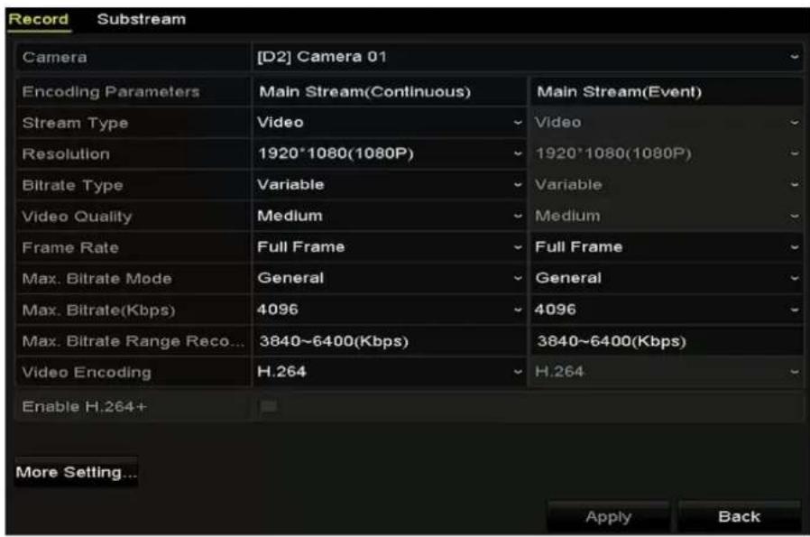 Record Substream Camera [D2] Camera 01 Encoding Parameters Main Stream(Continuous) Main Stream(Event) Stream Type Video Video Resolution 1920*1080(1080P) 1920*1080(1080P) Bitrate Type Variable Variable Video Quality Medium Medium Frame Rate Full Frame Full Frame Max. Bitrate Mode General General Max. Bitrate(Kbps) 4096 4096 Max. Bitrate Range Reco... 3840~6400(Kbps) 3840~6400(Kbps) Video Encoding H.264 H.264 Enable H.264+ More Setting... Apply Back