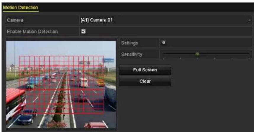 Motion Detection Camera [A1] Camera 01 Enable Motion Detection Settings Sensitivity Full Screen Clear