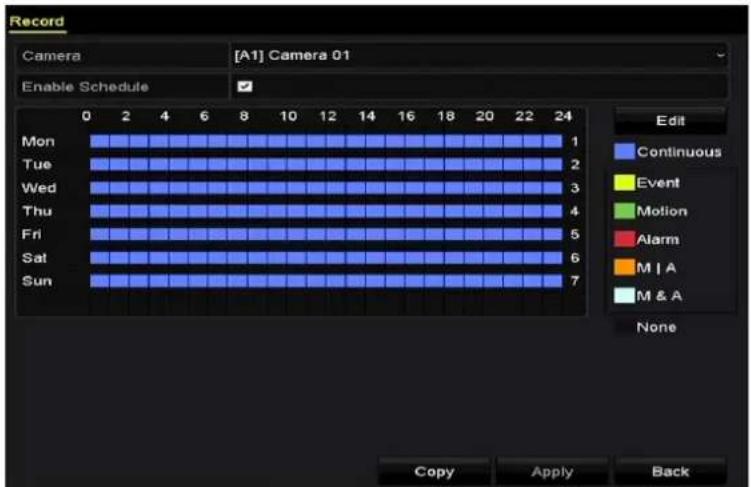 Record Camera [A1] Camera 01 Enable Schedule Mon 1 Tue 2 Wed 3 Thu 4 Fri 5 Sat 6 Sun 7 Edit Continuous Event Motion Alarm M | A M & A None Copy Apply Back