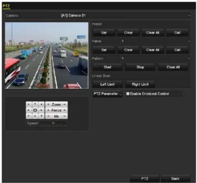 PTZ Camera [A1] Camera 01 Preset Set Clear Clear All Call Patrol 1 Set Clear Clear All Call Pattern 1 Start Stop Clear All Linear Scan Left Limit Right Limit PTZ Parameter ... Enable Omnicast Control Zoom - Focus - Iris - Speed PTZ Back