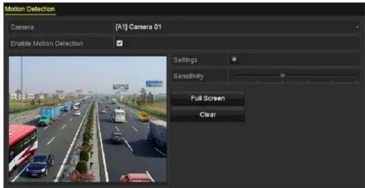 Motion Detection Camera [A1] Camera 01 Enable Motion Detection Settings Sensitivity Full Screen Clear