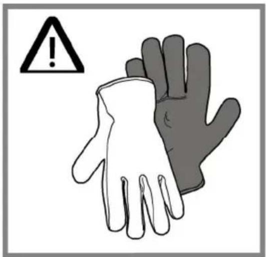 Warning symbol with exclamation mark and two gloves, one white and one gray, indicating hazard or caution.