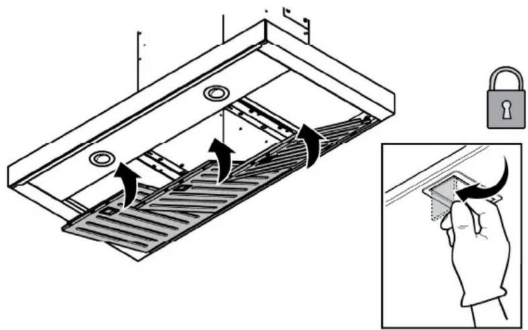 Diagram illustrating a door lock mechanism with labeled components and a hand holding a smartphone, showing directional arrows and a lock icon.