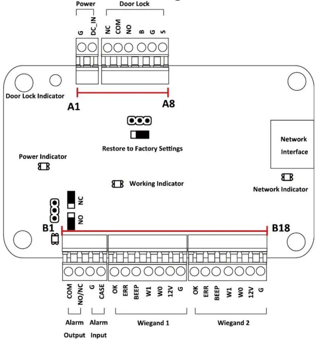 Power Door Lock G DC_IN NC COM NO B G S Door Lock Indicator A1 A8 Restore to Factory Settings Power Indicator Working Indicator Network Interface B1 B18 COM NC NO/NC G CASE OK ERR BEEP W1 W0 12V G OK ERR BEEP W1 W0 12V G Network Indicator Alarm Alarm Wiegand 1 Wiegand 2 Output Input