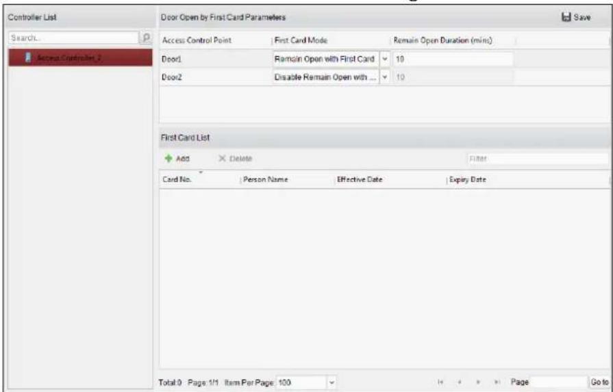 Controller List Search... Access Controller 2 Door Open by First Card Parameters Access Control Point First Card Mode Remain Open Duration (mins) Door1 Remain Open with First Card 10 Door2 Disable Remain Open with ... 10 First Card List Add Delete Filter Card No Person Name Effective Date Expiry Date Total 0 Page 1/1 Item Per Page 100 Page Go to