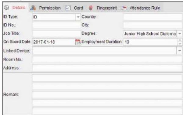 Details ID Type: ID Country ID No.: City: Job Title: Degree Junior High School Diploma On Board Date: 2017-01-18 Employment Duration: 10 Linked Device: Room No. : Address: Remark: