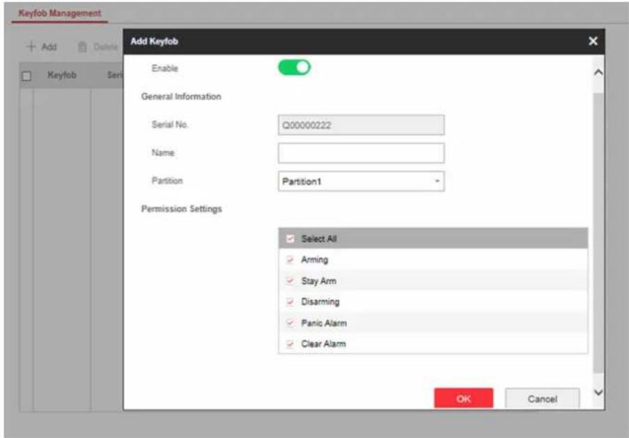 Keyfob Management Add Keyfob Enable General Information Serial No. Q00000222 Name: Partition Partition1 Permission Settings Select All Arming Stay Arm Disarming Panic Alarm Clear Alarm OK Cancel