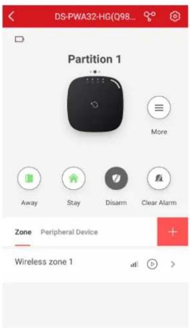 DS-PWA32-HG(Q98... Partition 1 More Away Stay Disarm Clear Alarm Zone Peripheral Device Wireless zone 1