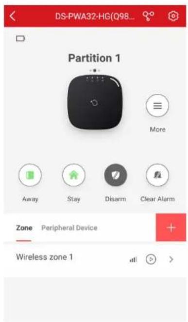 DS-PWA32-HG(Q98... Partition 1 More Away Stay Disarm Clear Alarm Zone Peripheral Device Wireless zone 1