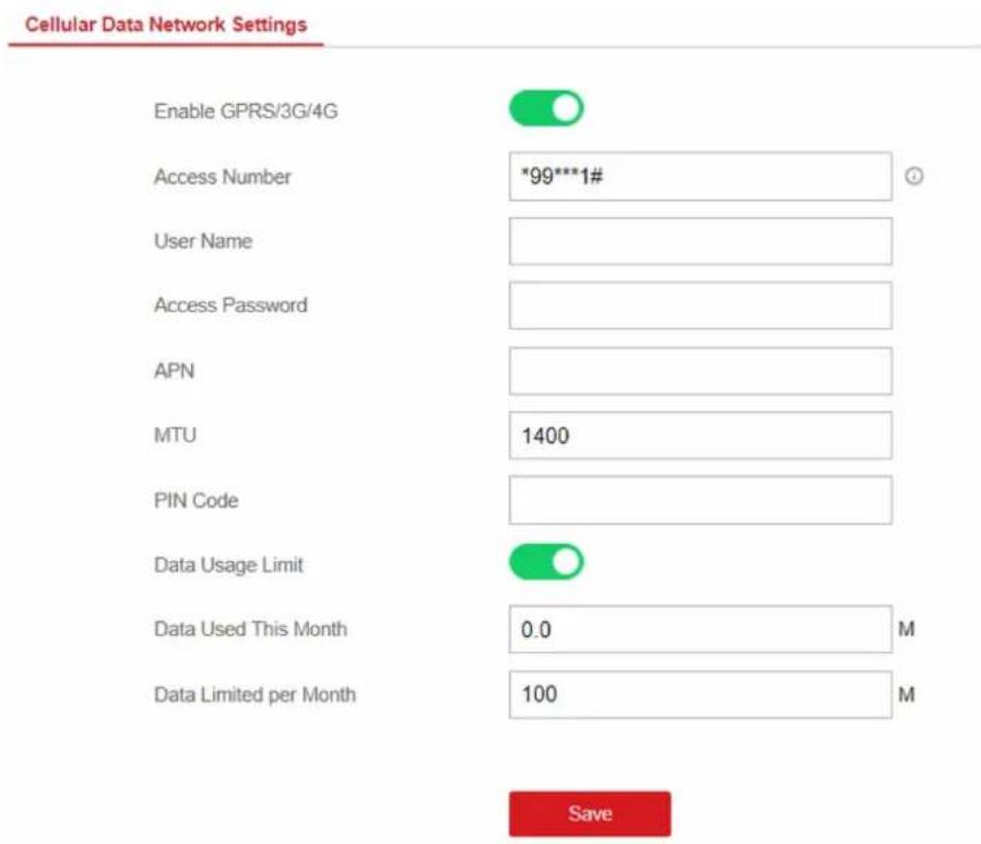 Cellular Data Network Settings Enable GPRS/3G/4G Access Number *99***1# User Name Access Password APN MTU 1400 PIN Code Data Usage Limit Data Used This Month 0.0 M Data Limited per Month 100 M Save