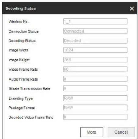 Decoding Status Window No. 1_1 Connection Status Connected Decoding Status Decoded Image Width 1024 Image Height 768 Video Frame Rate 60 Audio Frame Rate 0 Bitrate Transmission Rate 0 Encoding Type RAW Package Format RAW Decoded Video Frame Rate 0 More Cancel
