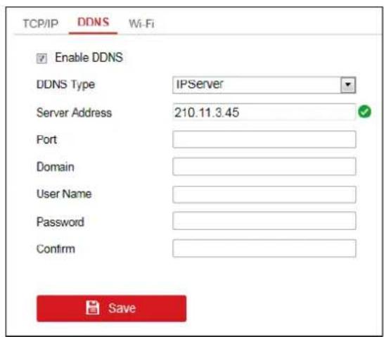 TCP/IP DDNS Wi-Fi Enable DDNS DDNS Type IPServer Server Address 210.11.3.45 Port Domain User Name Password Confirm Save