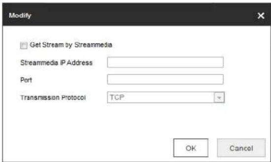 Modify Get Stream by Streammedia Streammedia IP Address Port Transmission Protocol TCP OK Cancel