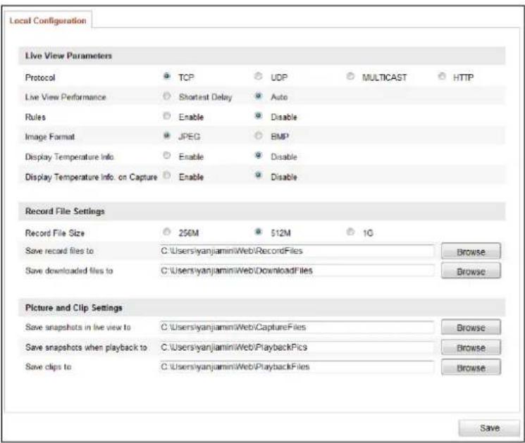 Local Configuration Live View Parameters Protocol TCP UDP MULTICAST HTTP Live View Performance Shortest Delay Auto Rules Enable Disable Image Format JPEG BMP Display Temperature Info. Enable Disable Display Temperature Info. on Capture Enable Disable Record File Settings Record File Size 250M 512M 1G Save record files to C:\Users\yanjiaminiWeb/RecordFiles Browse Save downloaded files to C:\Users\yanjiaminiWeb/DownloadFiles Browse Picture and Clip Settings Save snapshots in live view to C:\Users\yanjiaminiWeb/CaptureFiles Browse Save snapshots when playback to C:\Users\yanjiaminiWeb/PlaybackFips Browse Save clips to C:\Users\yanjiaminiWeb/PlaybackFiles Browse Save