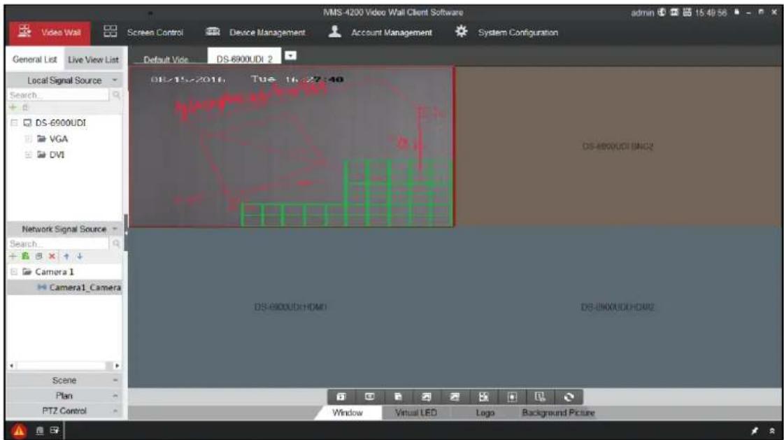 MMS-4200 Video Wall Client Software admin 15:49:56 General List Live View List Default Vide DS-6900UDI 2 Local Signal Source Search... DS-6900UDI VGA DVI 08/15/2016 Tue 16:27:40 Network Signal Source Search... Camera 1 Camera1_Camera Scene Plan PTZ Control DS-6900UDI HOMO DS-UNX0UDI HDW2 Window Virtual LED Logo Background Picture