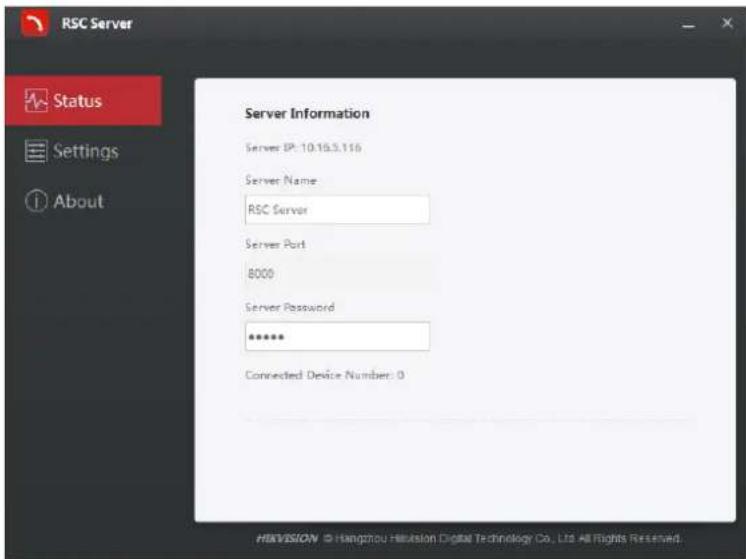 RSC Server Status Settings About Server Information Server IP: 10.19.3.116 Server Name: RSC Server Server Port 8000 Server Password ****** Connected Device Number: 0 HIVVISION © Hangzhou Hiavision Digital Technology Co., Ltd All Rights Reserved.