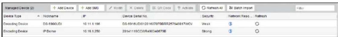 Managed Device (2) Device Type ▲ Nomine ▲ IP Decoding Device DS-5900UDI 10.11.1.156 DS-6916UDI01201607078BRR257543917WCV Encoding Device IP Dome 10.15.1.250 20141119CCWR490340679B Security Network Reso... Refresh Weak S O Strong S O