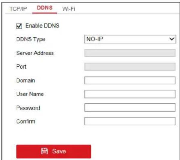 TCP/IP DDNS Wi-Fi Enable DDNS DDNS Type NO-IP Server Address Port Domain User Name Password Confirm Save