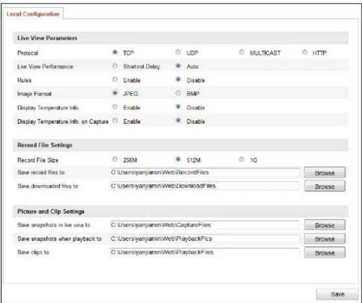 Local Configuration Live View Parameters Protocol TCP UDP MULTICAST HTTP Live View Performance Shortest Delay Auto Rules Enable Disable Image Format JPEG BMP Display Temperature Info. Enable Disable Display Temperature Info. on Capture Enable Disable Record File Settings Record File Size 256M 512M 1G Save record files to C:\Users\yanjiamin\Web\RecordFiles Browse Save downloaded files to C:\Users\yanjiamin\Web\DownloadFiles Browse Picture and Clip Settings Save snapshots in live view to C:\Users\yanjiamin\Web\CaptureFiles Browse Save snapshots when playback to C:\Users\yanjiamin\Web\PlaybackPics Browse Save clips to C:\Users\yanjiamin\Web\PlaybackFiles Browse Save