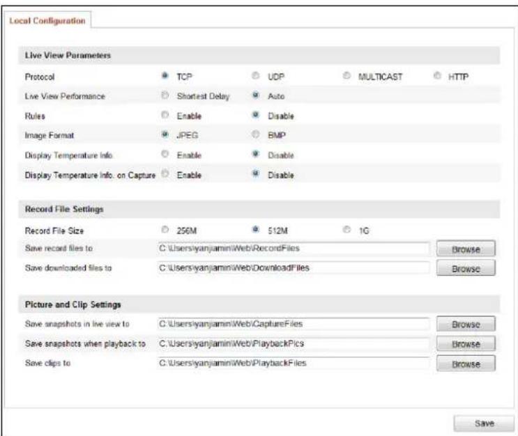 Local Configuration Live View Parameters Protocol TCP UDP MULTICAST HTTP Live View Performance Shortest Delay Auto Rules Enable Disable Image Format JPEG BMP Display Temperature Info. Enable Disable Display Temperature Info. on Capture Enable Disable Record File Settings Record File Size 256M 512M 1G Save record files to C:\Users\yanjiaminiWeb\RecordFiles Browse Save downloaded files to C:\Users\yanjiaminiWeb\DownloadFiles Browse Picture and Clip Settings Save snapshots in live view to C:\Users\yanjiaminiWeb\CaptureFiles Browse Save snapshots when playback to C:\Users\yanjiaminiWeb\PlaybackPics Browse Save clips to C:\Users\yanjiaminiWeb\PlaybackFiles Browse Save