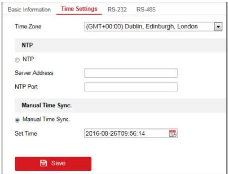 Basic Information Time Settings RS-232 RS-485 Time Zone (GMT+00:00) Dublin, Edinburgh, London NTP ○ NTP Server Address NTP Port Manual Time Sync. ● Manual Time Sync. Set Time 2016-08-26T09:56:14 Save