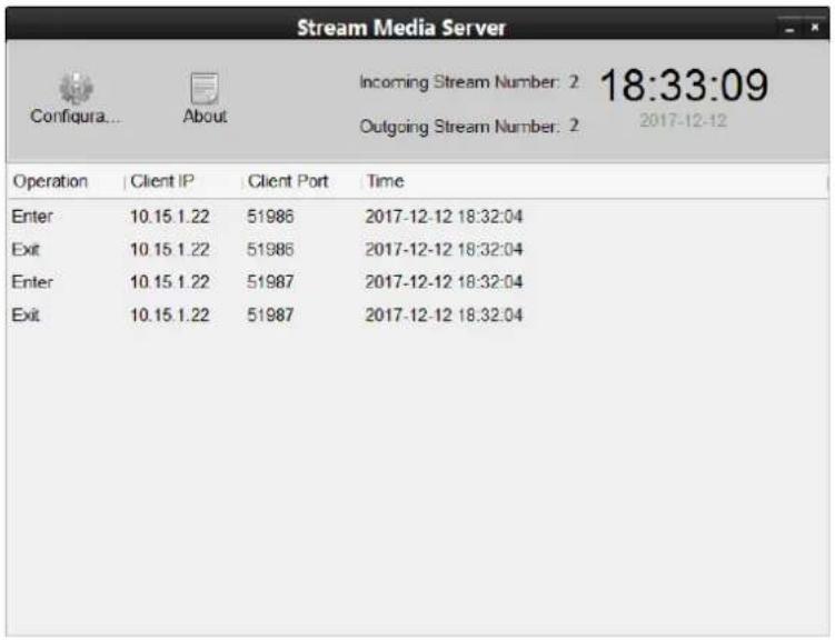 Stream Media Server Configura... About Incoming Stream Number: 2 18:33:09 Outgoing Stream Number: 2 2017-12-12 Operation | Client IP | Client Port | Time | Enter 10.15.1.22 51986 2017-12-12 18:32:04 Exit 10.15.1.22 51986 2017-12-12 18:32:04 Enter 10.15.1.22 51987 2017-12-12 18:32:04 Exit 10.15.1.22 51987 2017-12-12 18:32:04