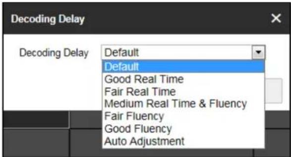 Decoding Delay Decoding Delay Default Default Good Real Time Fair Real Time Medium Real Time & Fluency Fair Fluency Good Fluency Auto Adjustment