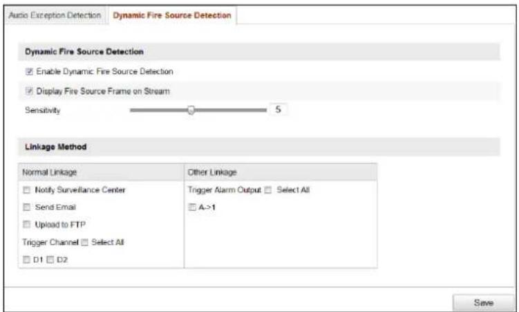 Audio Exception Detection Dynamic Fire Source Detection Dynamic Fire Source Detection Enable Dynamic Fire Source Detection Display Fire Source Frame on Stream Sensitivity 5 Linkage Method Normal Linkage Notify Surveillance Center Send Email Upload to FTP Trigger Channel Select All D1 D2 Other Linkage Trigger Alarm Output Select All A->1 Save