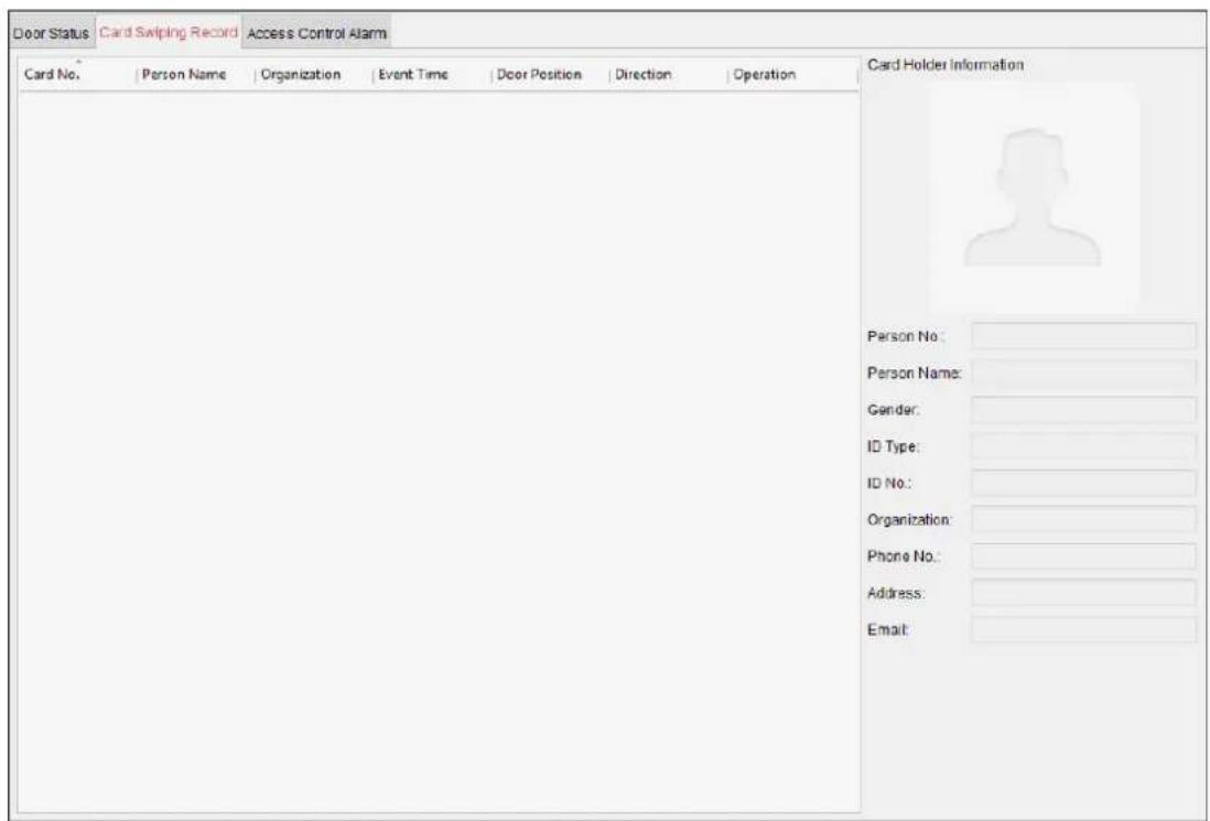 Door Status Card Swiping Record Access Control Alarm Card No. Person Name Organization Event Time Door Position Direction Operation Card Holder Information Person No: Person Name: Gender: ID Type: ID No: Organization: Phone No: Address: Email: