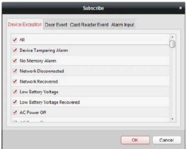Subscribe Device Exception Door Event Card Reader Event Alarm Input All Device Tampering Alarm No Memory Alarm Network Disconnected Network Recovered Low Battery Voltage Low Battery Voltage Recovered AC Power Off OK Cancel