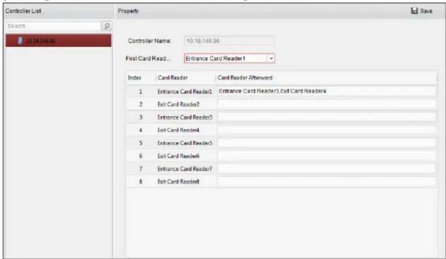 Controller List Search 10.18.146.86 Property Save Controller Name: 10.18.146.86 First Card Read... Entrance Card Reader 1 Index | Card Reader | Card Reader Afterward 1 Entrance Card Reader1 Entrance Card Reader3 Exit Card Reader4 2 Exit Card Reader2 3 Entrance Card Reader3 4 Exit Card Reader4 5 Entrance Card Reader5 6 Exit Card Reader6 7 Entrance Card Reader7 8 Exit Card Reader8