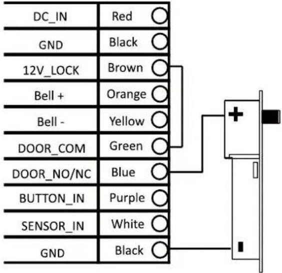 DC_IN Red GND Black 12V_LOCK Brown Bell + Orange Bell - Yellow DOOR_COM Green DOOR_NO/NC Blue BUTTON_IN Purple SENSOR_IN White GND Black