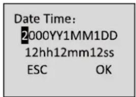 Date Time: 2000YY1MM1DD 12hh12mm12ss ESC OK
