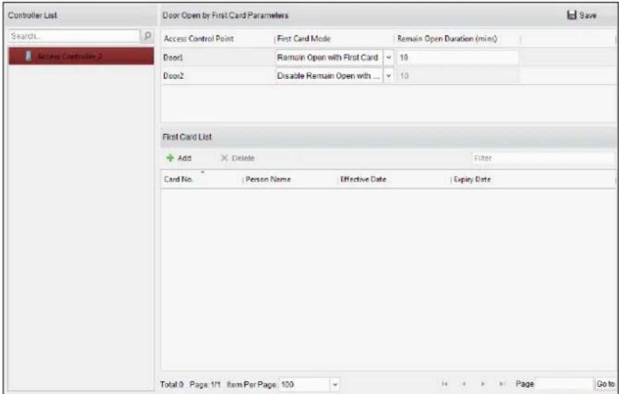 Controller List Search... Access Controller 2 Door Open by First Card Parameters Access Control Point First Card Mode Remain Open Duration (mins) Door1 Ramouin Open with First Card 10 Door2 Disable Remain Open with ... 10 First Card List Add Delete Filter Card No Person Name Effective Date Expiry Date Total 0 Page 1/1 Item Per Page 100 H A X Page Go to