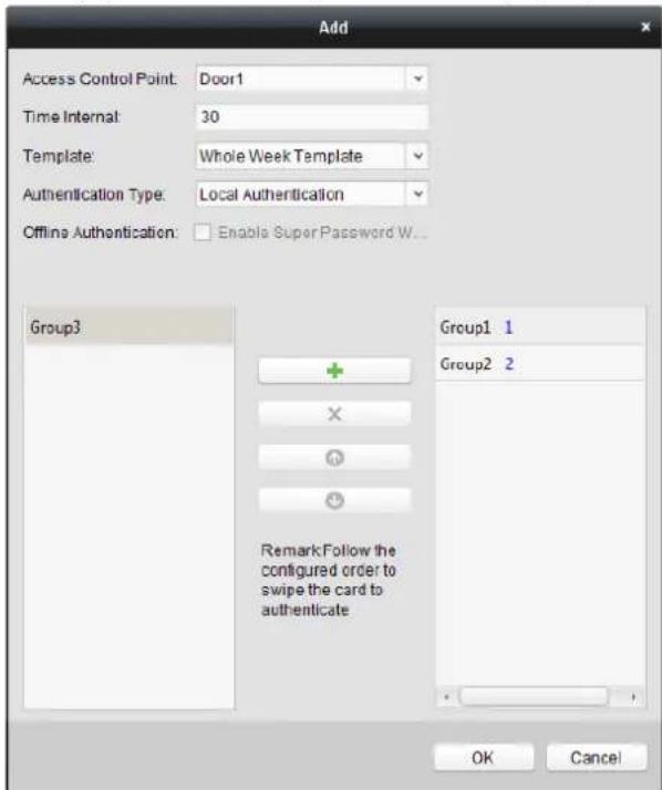 Add Access Control Point: Door1 Time Internal: 30 Template: Whole Week Template Authentication Type: Local Authentication Offline Authentication: Enable Super Password W... Group3 Group1 1 Group2 2 Remark Follow the configured order to swipe the card to authenticate OK Cancel