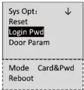 Sys Opt: Reset Login Pwd Door Param Mode Card&Pwd Reboot