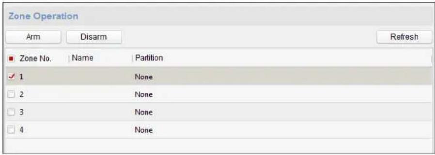 Zone Operation Arm Disarm Refresh Zone No.NAME Partition ✓ 1 None □ 2 None □ 3 None □ 4 None