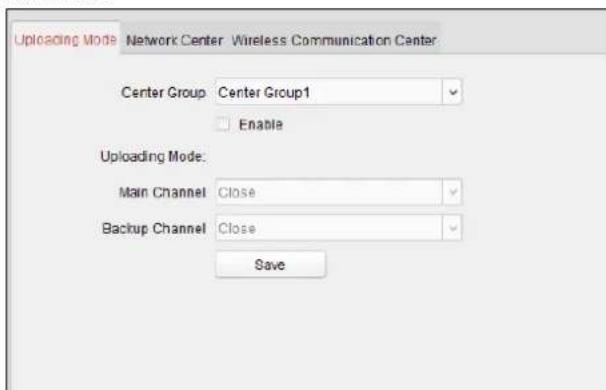 Uploading Mode Network Center Wireless Communication Center Center Group Center Group1 Enable Uploading Mode: Main Channel Close Backup Channel Close Save