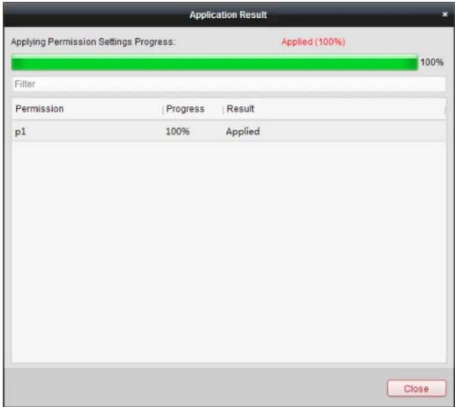 Application Result Applying Permission Settings Progress: Applied (100%) 100% Filter Permission Progress Result p1 100% Applied Close