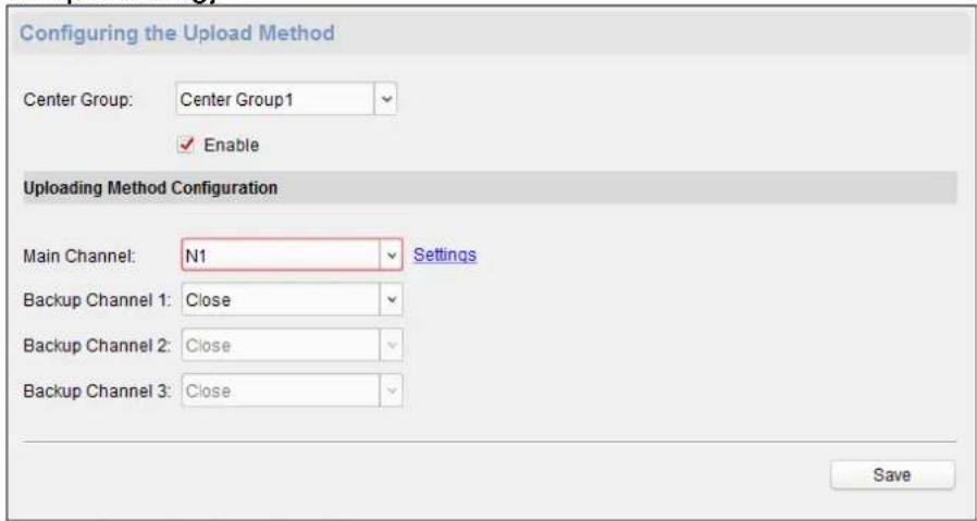 Configuring the Upload Method Center Group: Center Group1 Enable Uploading Method Configuration Main Channel: N1 Settings Backup Channel 1: Close Backup Channel 2: Close Backup Channel 3: Close Save