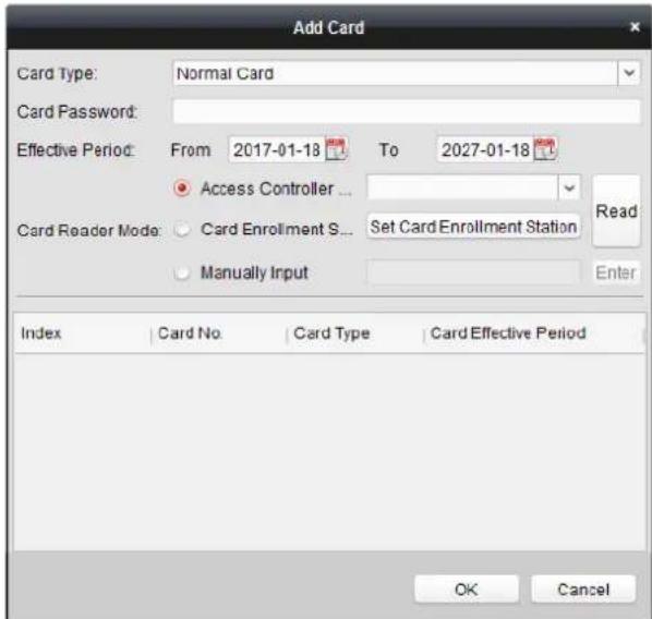 Add Card Card Type: Normal Card Card Password: Effective Period: From 2017-01-18 To 2027-01-18 Access Controller ... Card Reader Mode: Card Enrollment S... Set Card Enrollment Station Manually Input Index Card No Card Type Card Effective Period OK Cancel