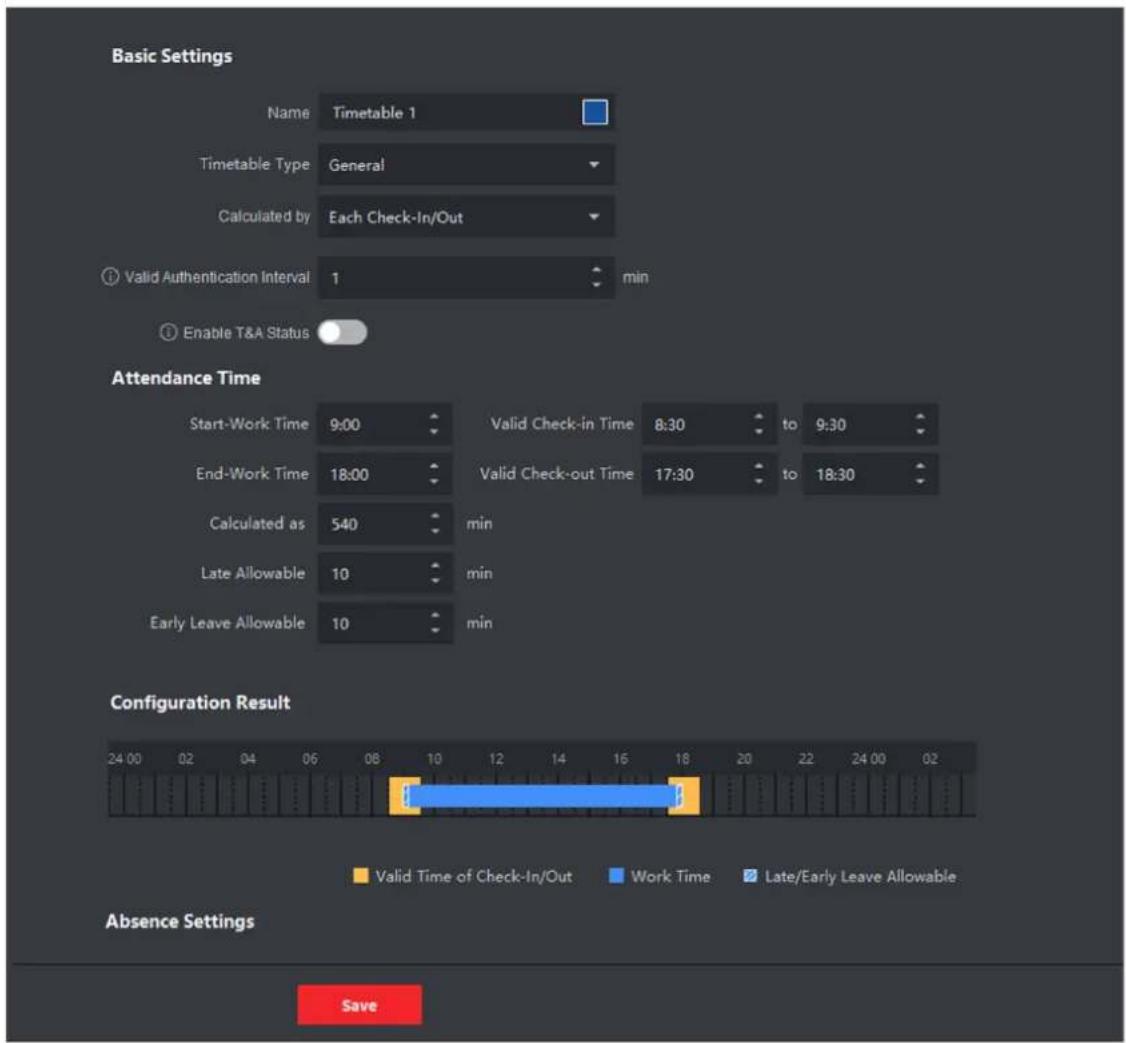 Basic Settings Name Timetable 1 Timetable Type General Calculated by Each Check-In/Out ① Valid Authentication Interval 1 min ② Enable T&A Status Attendance Time Start-Work Time 9:00 Valid Check-in Time 8:30 to 9:30 End-Work Time 18:00 Valid Check-out Time 17:30 to 18:30 Calculated as 540 min Late Allowable 10 min Early Leave Allowable 10 min Configuration Result 24.00 02 04 06 08 10 12 14 16 18 20 22 24.00 02 Valid Time of Check-In/Out Work Time Late/Early Leave Allowable Absence Settings Save