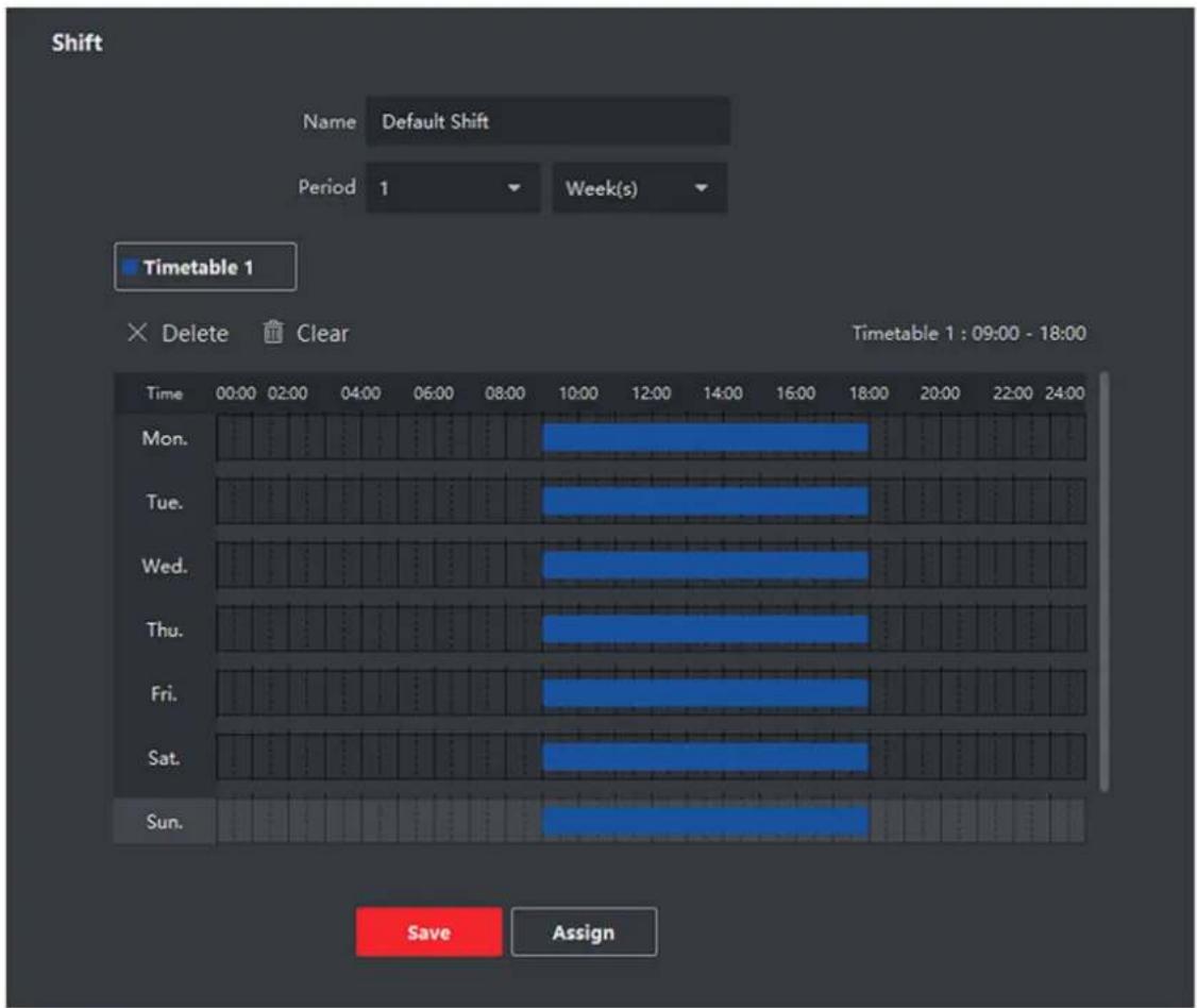 Shift Name Default Shift Period 1 Week(s) Timetable 1 × Delete Clear Time 00:00 02:00 04:00 06:00 08:00 10:00 12:00 14:00 16:00 18:00 20:00 22:00 24:00 Mon. Tue. Wed. Thu. Fri. Sat. Sun. Timetable 1 : 09:00 - 18:00 Save Assign
